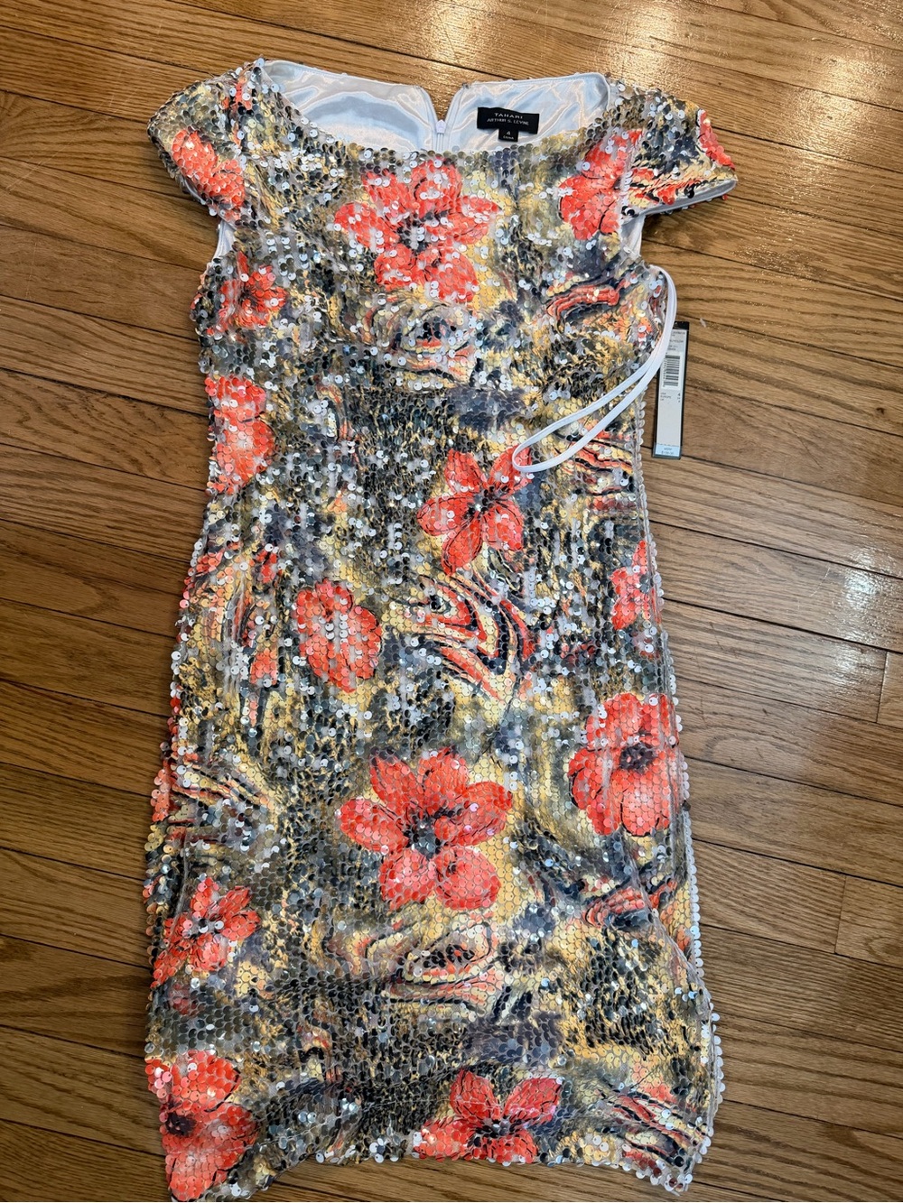 Tahari Sequin Floral Cocktail Dress in Coral, Gold & Silver
